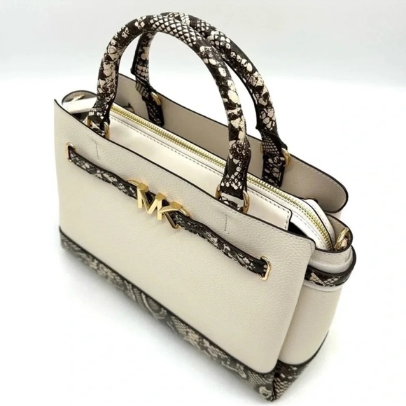 Michael Kors Large Reed Leather Belted Satchel Crossbody Bag Cream Snakeskin - Picture 7 of 12